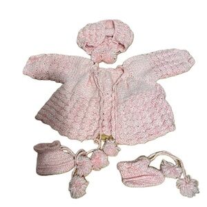 Hand Crochet Pink Sweater Hat Booties Set Bundle Outfit Baby Girl 6 mos and up